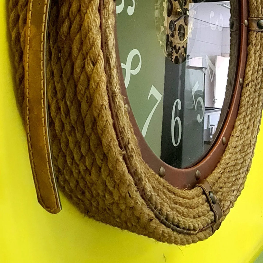 Relógio de Parede Vintage Premium com Alça em Couro 65cm – Metal Preto & Marrom Escuro