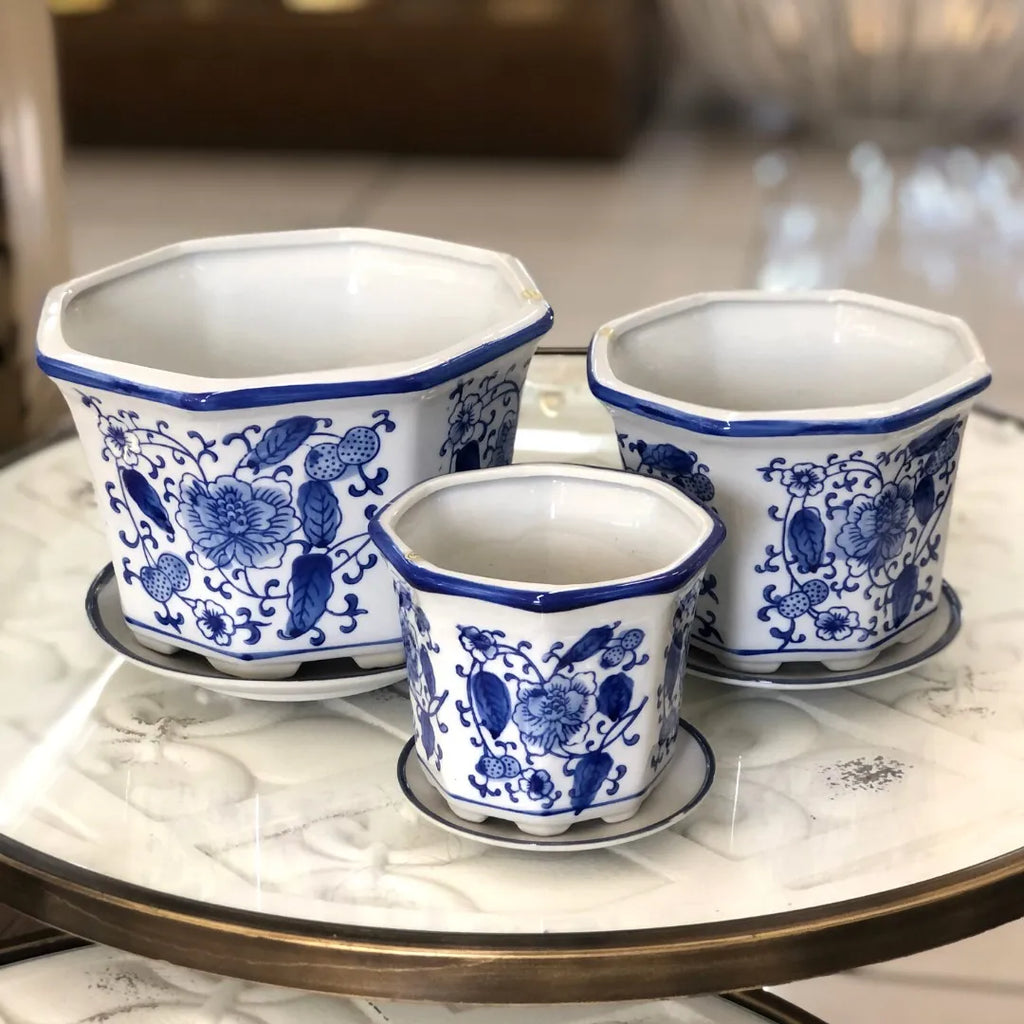 Jogo 3 Cachepot Cerâmica Vasos E Pires Azul E Branco