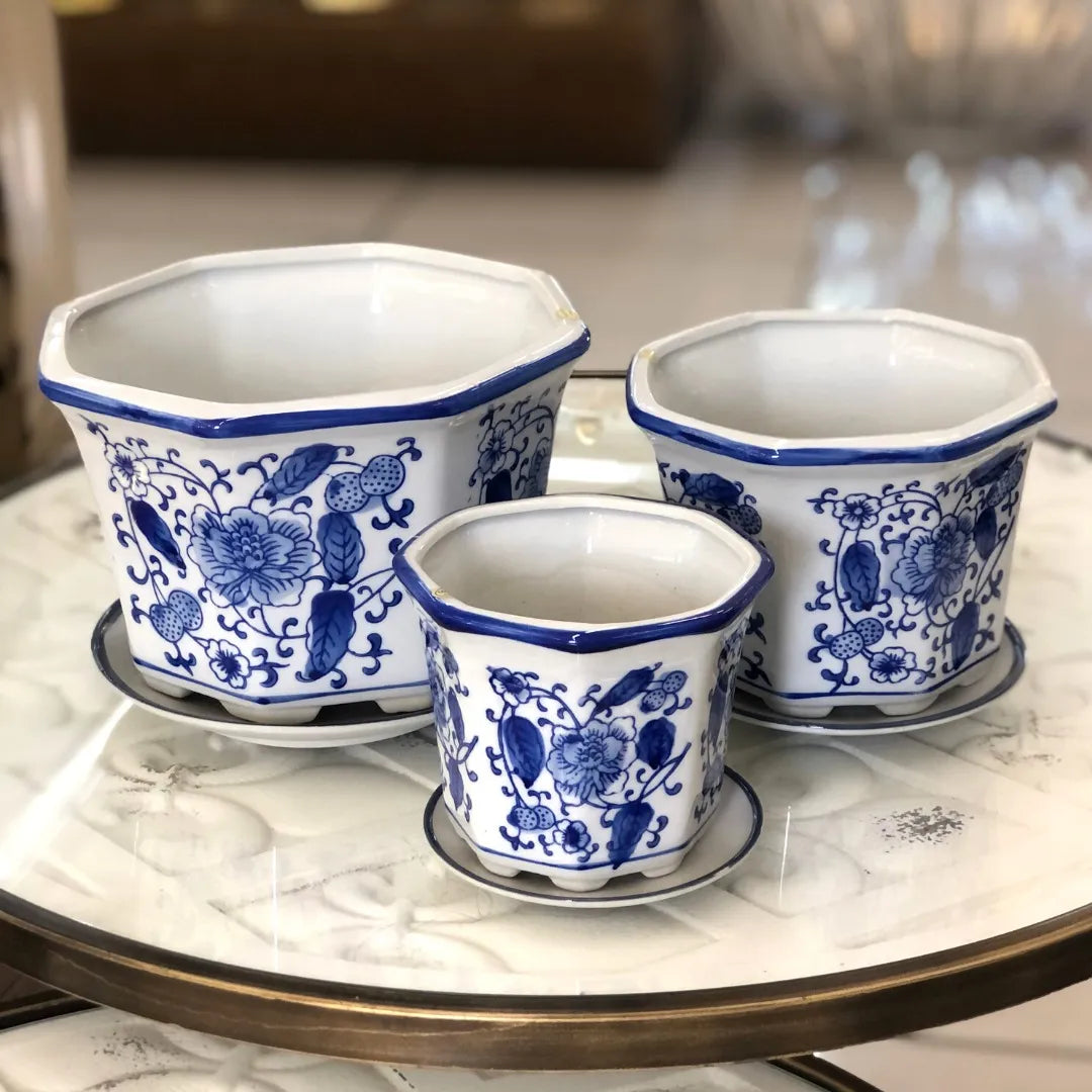 Jogo 3 Cachepot Cerâmica Vasos E Pires Azul E Branco