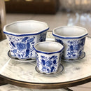 Jogo 3 Cachepot Cerâmica Vasos E Pires Azul E Branco