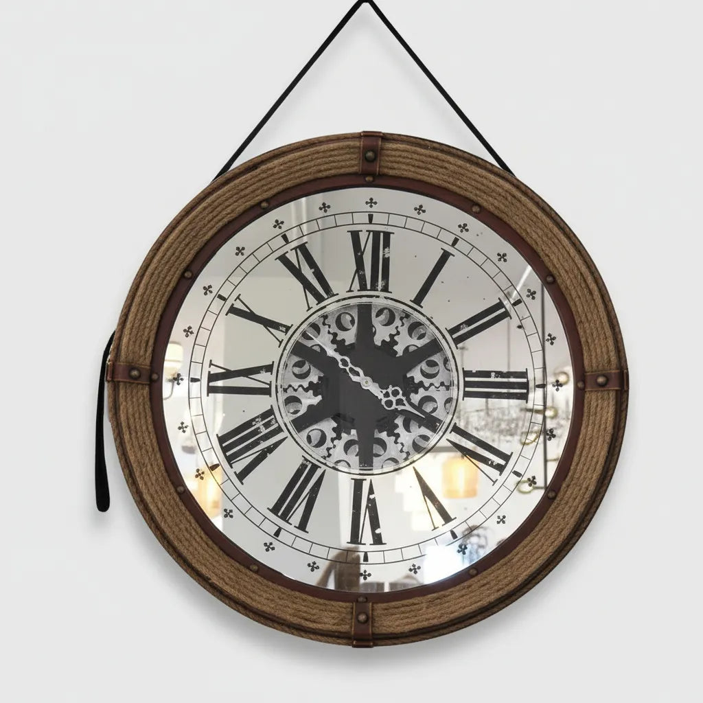 Relógio de Parede Vintage 70cm com Moldura em Couro e Fundo Espelhado – Marrom e Cinza
