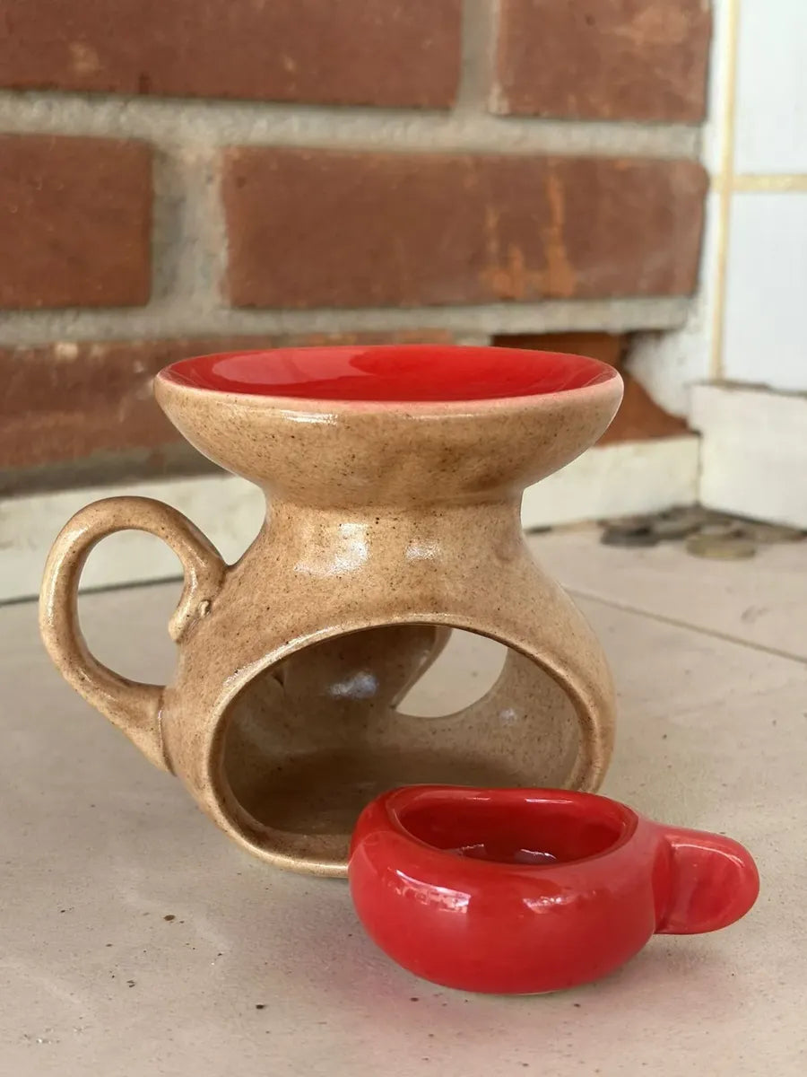 Queimador Aromático Rechaud Suporte Porta-Vela em Cerâmica Vermelho