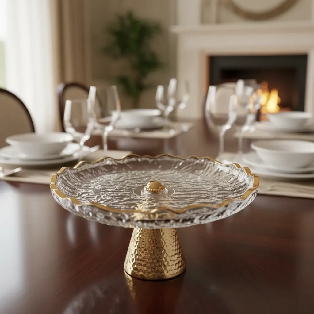 Boleira Centro de Mesa Vidro Borda Dourada 22cm Elegante