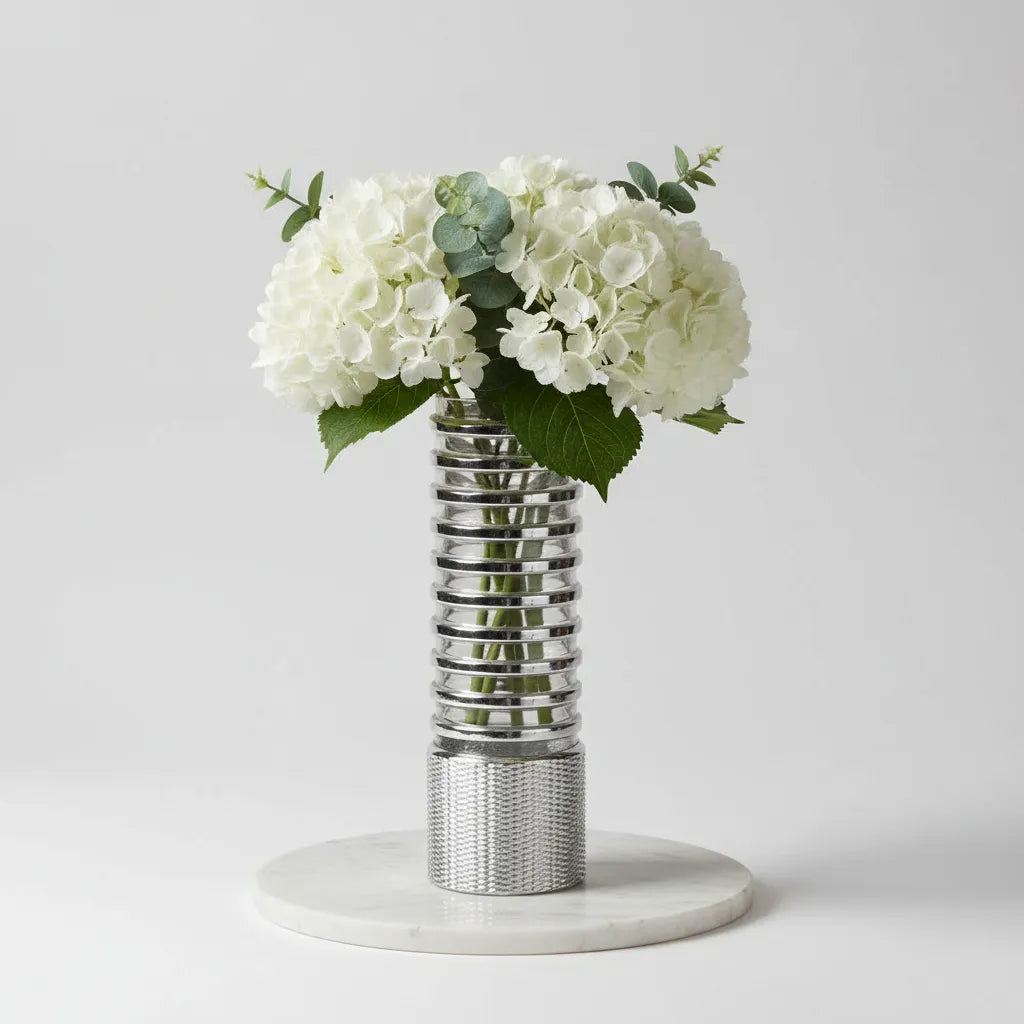 Vaso Decorativo em Vidro com Anéis Prateados – 51 x 17 cm | Design Sofisticado