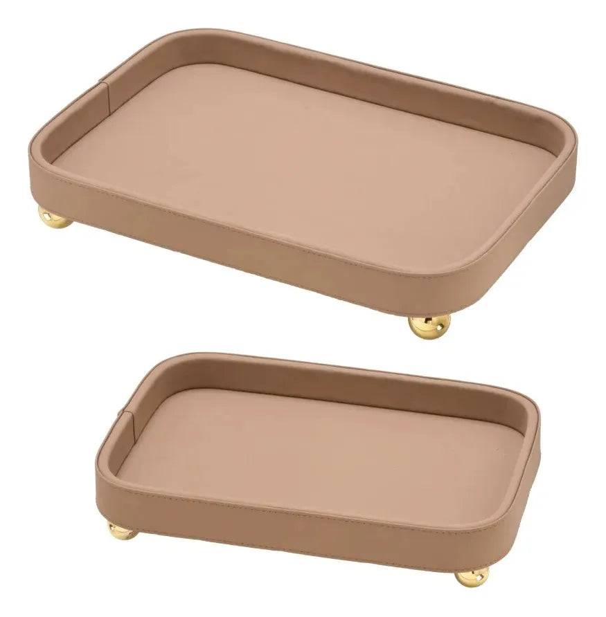 Kit 2 Bandejas Decorativas em Couro Sintético Marrom Claro Luxo Organizador Multiuso