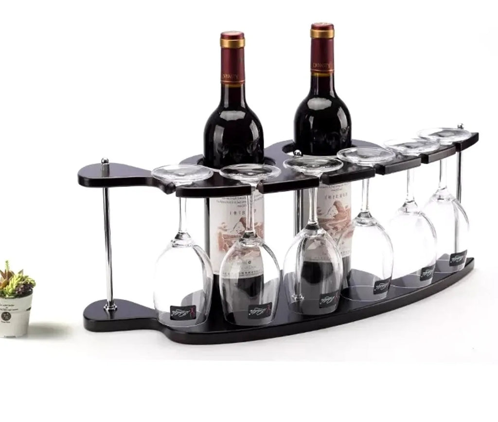 Adega de Vinho Rack em Madeira com Suporte para 2 Garrafas + 6 Taças | Home Bar Decorativo