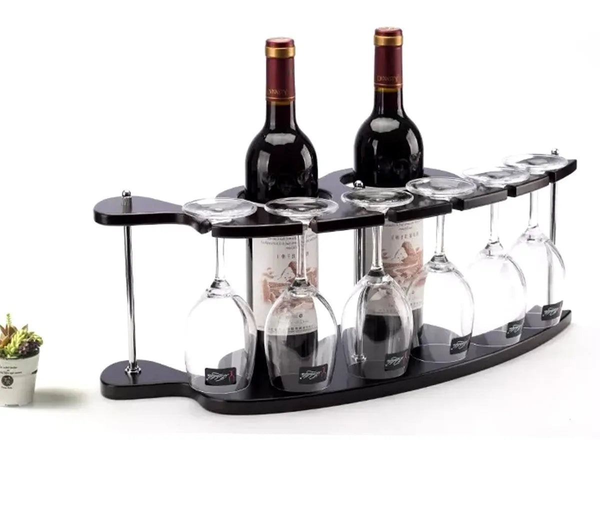 Adega de Vinho Rack em Madeira com Suporte para 2 Garrafas + 6 Taças | Home Bar Decorativo
