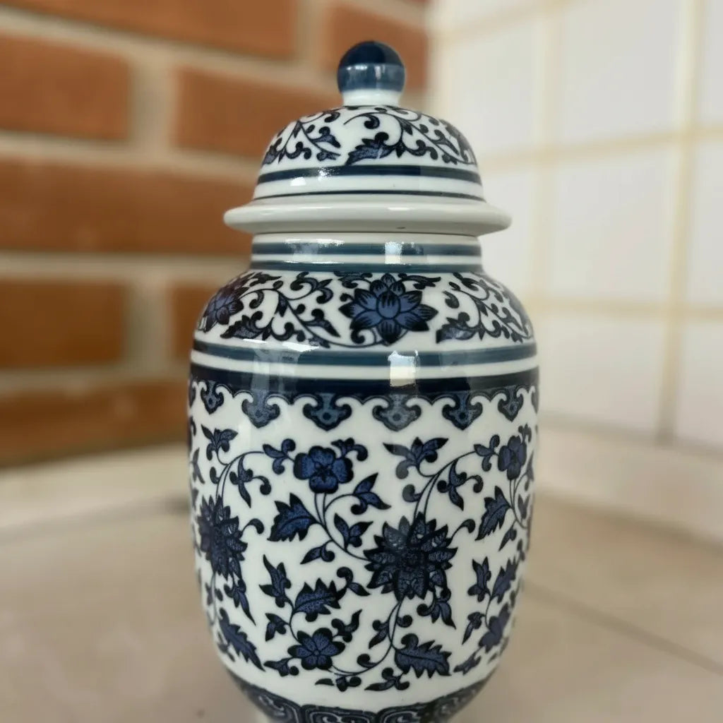 Vaso Decorativo De Porcelana Azul E Branco Luxo 20x14
