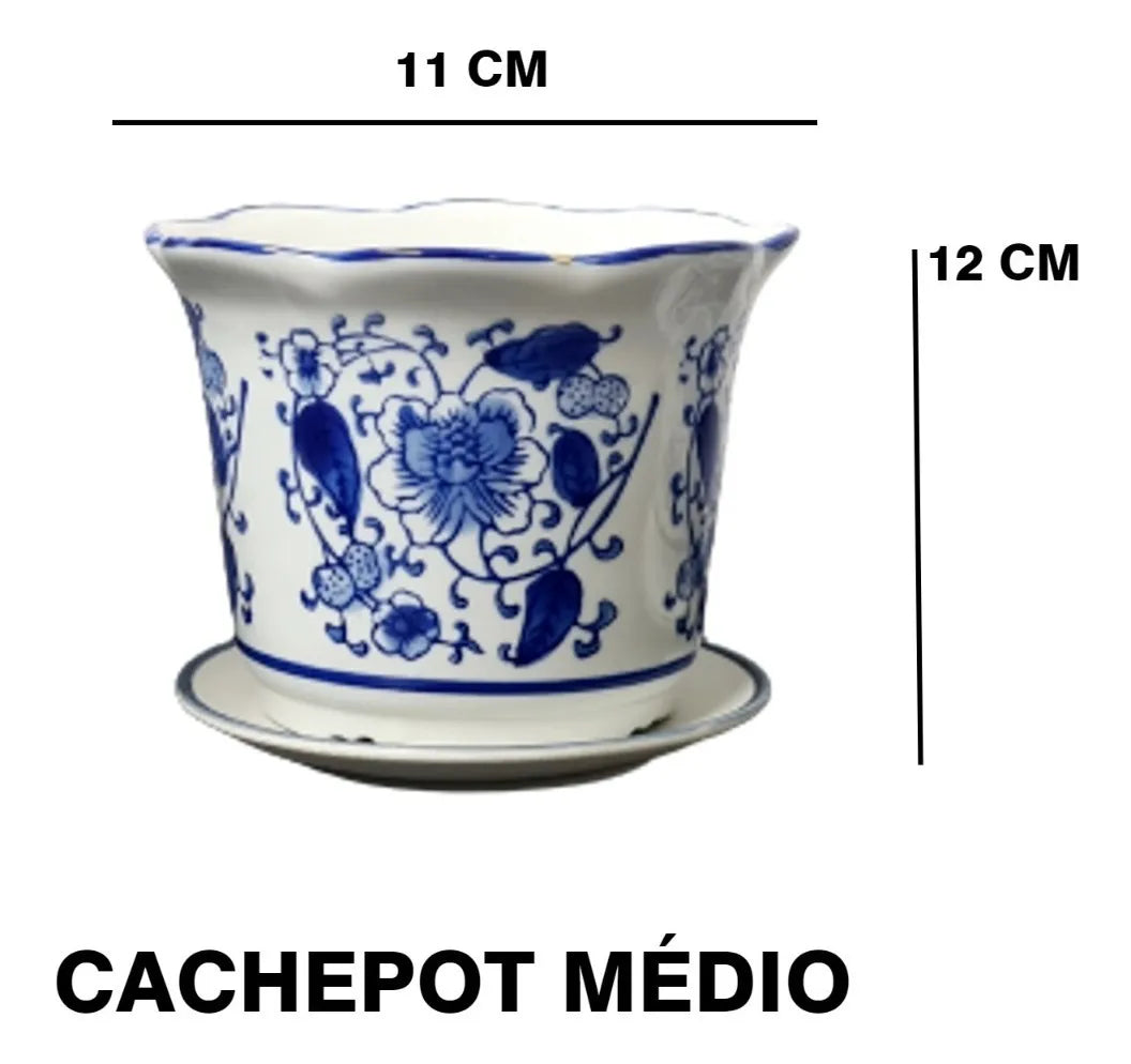 Jogo 3 Cachepot Cerâmica Chinesa Azul E Branca