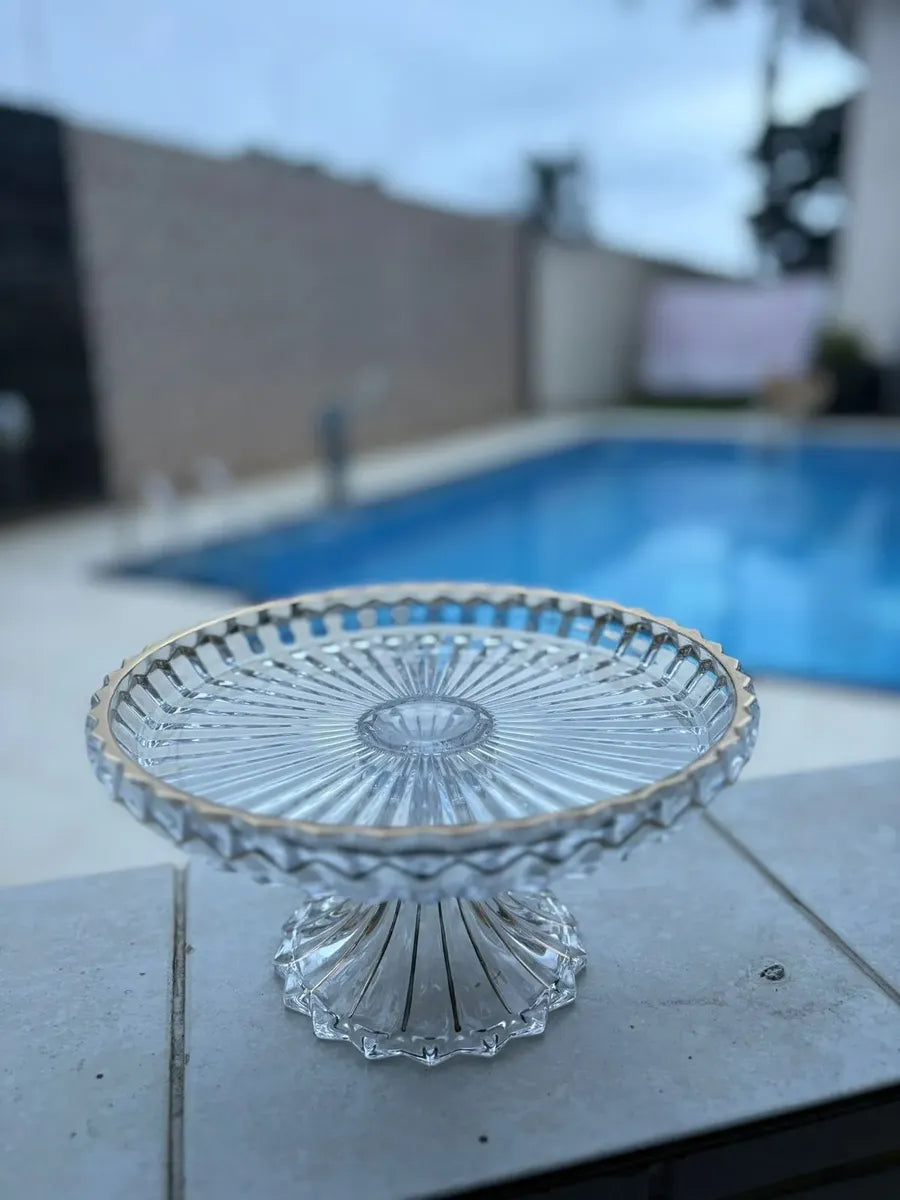 Boleira Centro de Mesa Vidro Borda Dourada 22cm Elegante