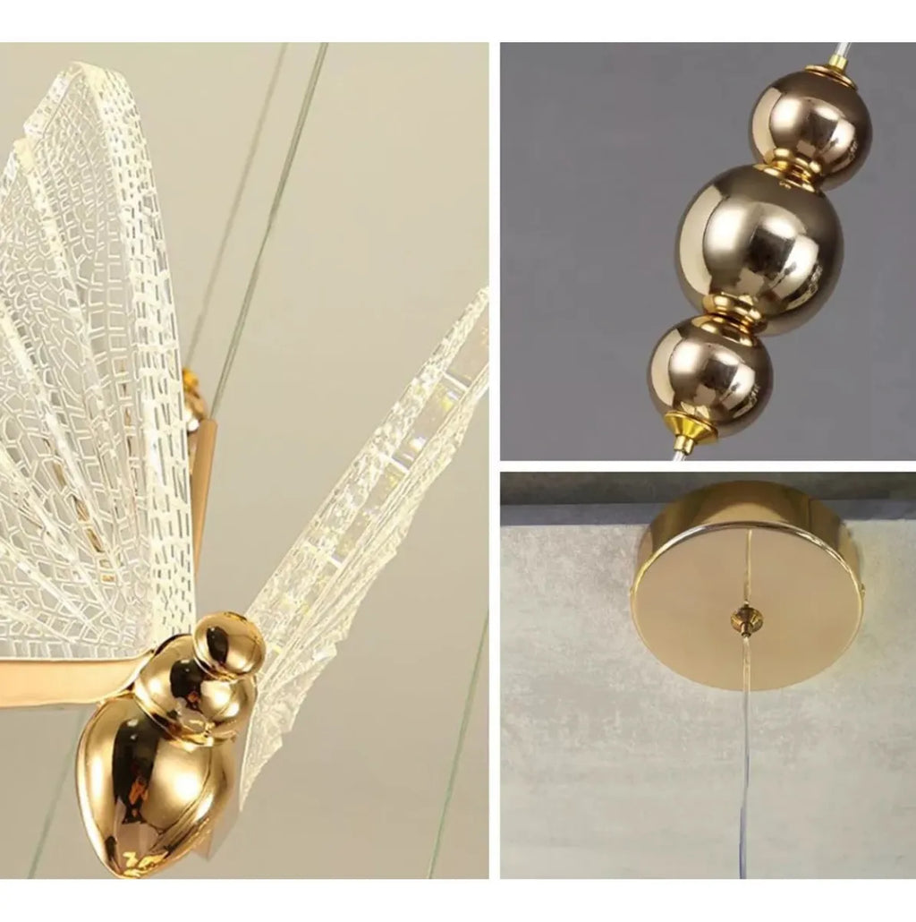 Luminária Pendente Borboleta Cristal Libélula Dourada 24cm 127/220v Dourado
