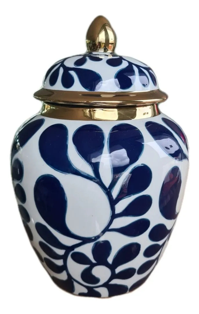 Vaso Elegance Porcelana Branco, Azul e Dourado 30x20