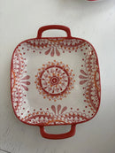 Travessa Saladeira Serviço Porcelana Vermelha Alça 18cm