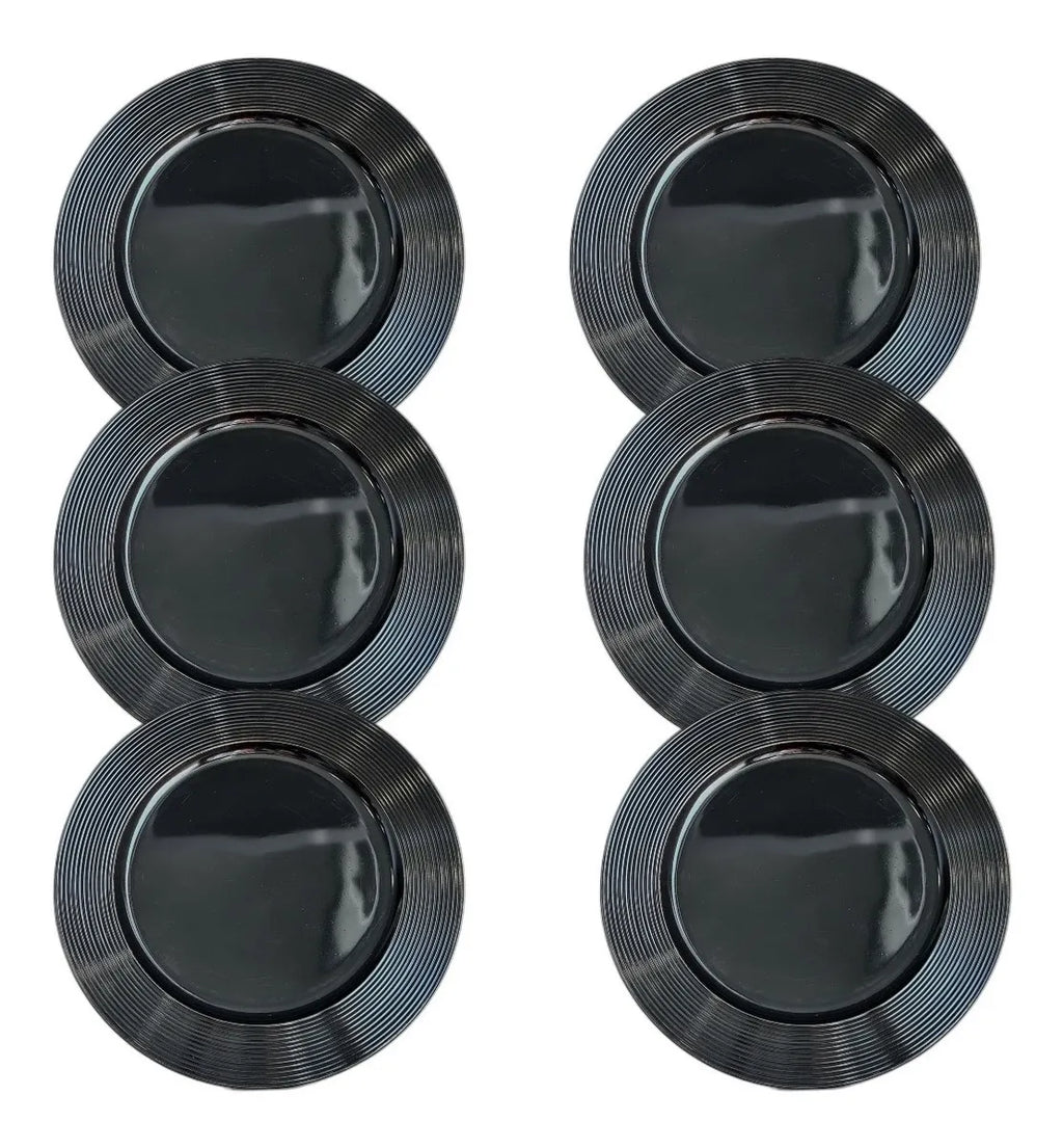 Jogo de Sousplat Preto em Poliresina Disco com Relevo – Kit com 6 Peças 33x33cm