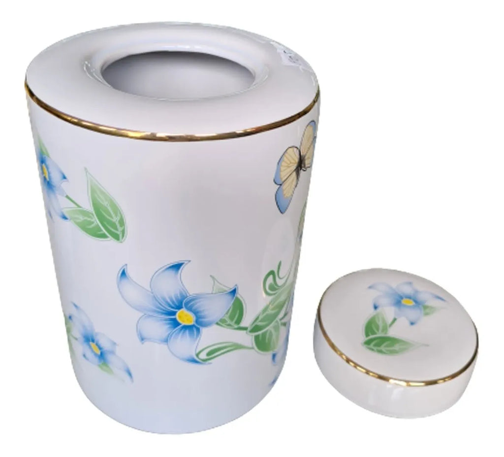 Vaso Decorativo Porcelana Azul e Branca Cilíndrico Floral 23 x 15 cm