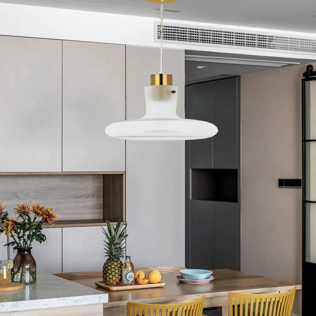 Lustre Pendente Cozinha Sala Cúpula Branca com Dourado LED – Design Moderno