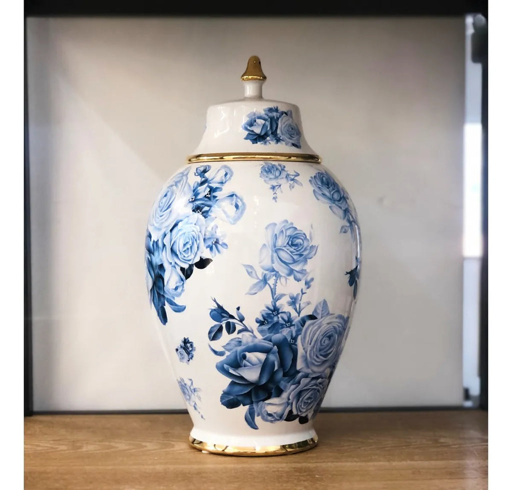 Vaso Decorativo Porcelana Azul e Branca com Tampa 33x18