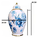 Vaso Decorativo Porcelana Azul e Branca com Tampa 40x20 Florido