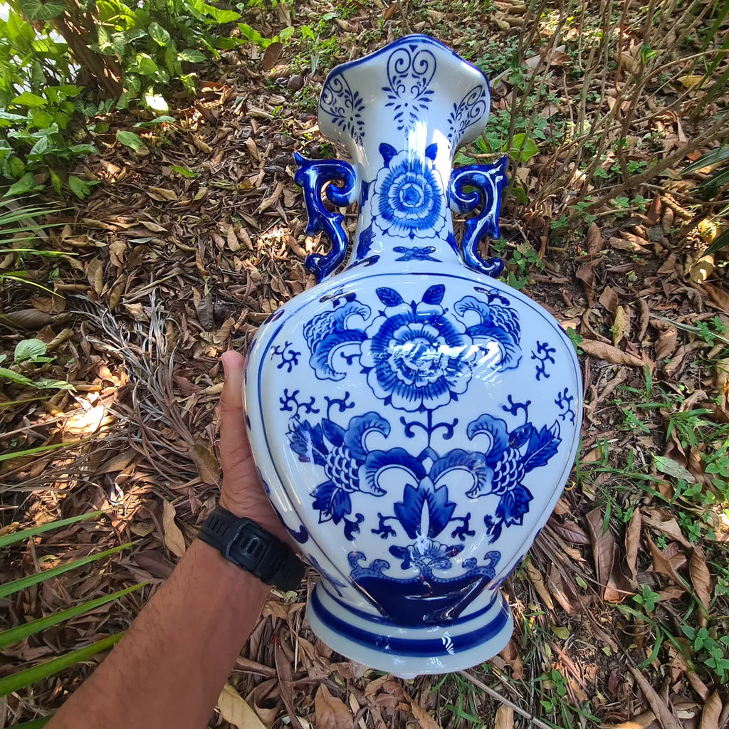 Vaso Azul E Branco Decorativo Com Alça 34x21x5cm Azul E Branco Florido