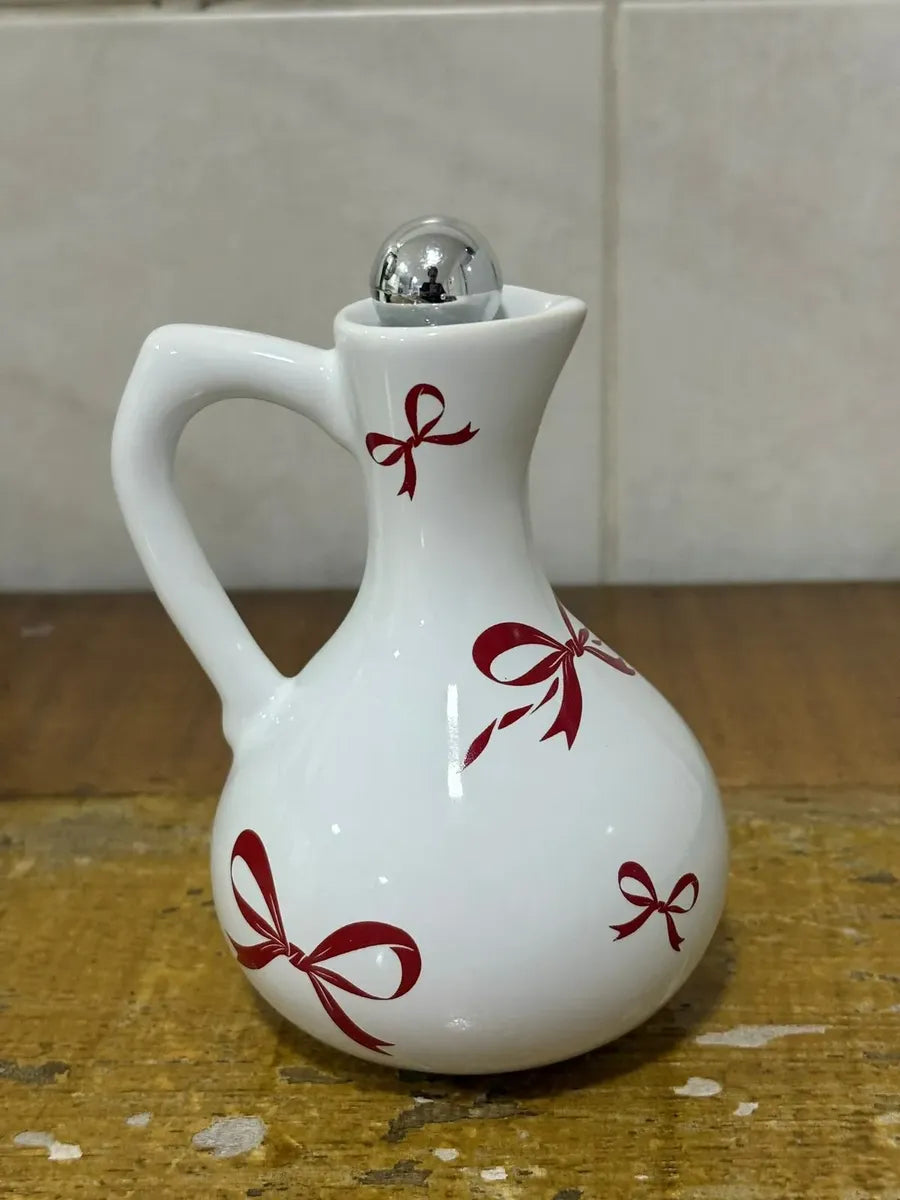 Dispenser de Azeite Porcelana Branco com Laço Vermelho Love 10x15 cm