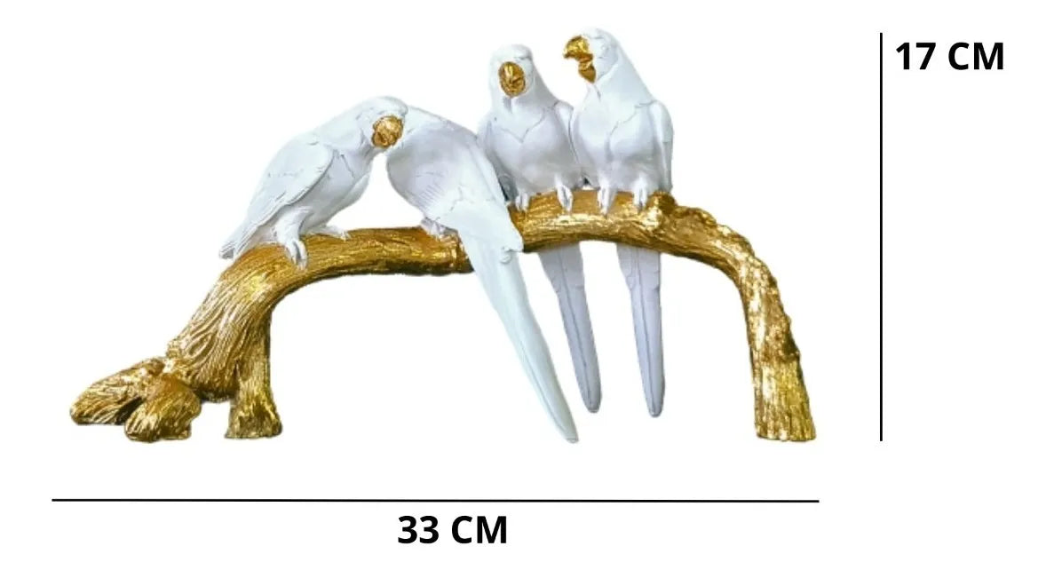 Escultura Decorativa Quarteto de Pássaros em Resina Branco com Estrutura Dourada 33x17