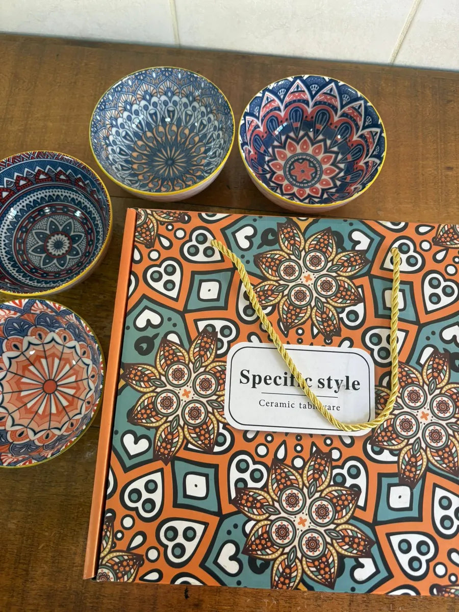 Jogo De 4 Tigelas Bowl Sortidas Porcelana + Caixa Presente Laranja
