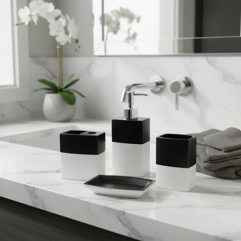 Kit Banheiro Lavabo 4 Peças Preto e Branco Elegance
