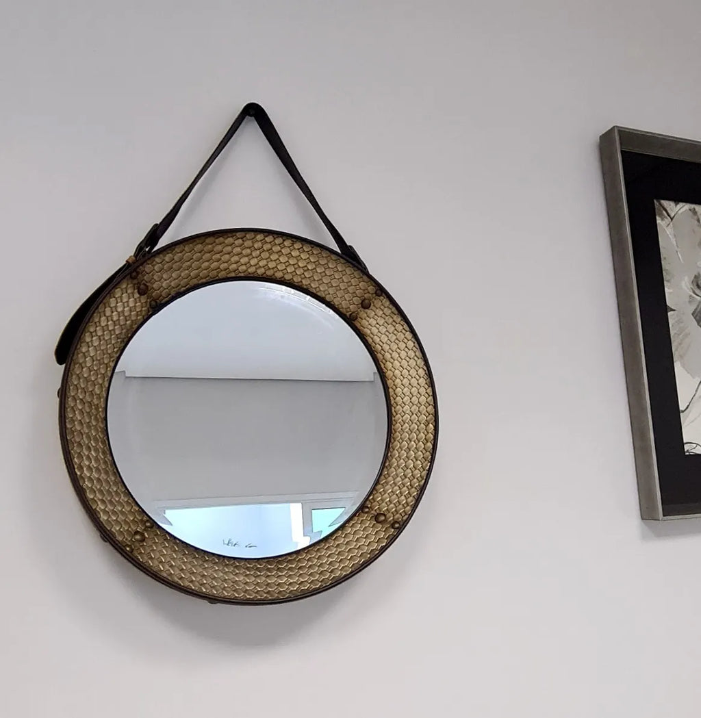 Espelho Adnet Redondo com Alça de Couro Legítimo 48 cm – Marrom | Peça Robusta e Sofisticada