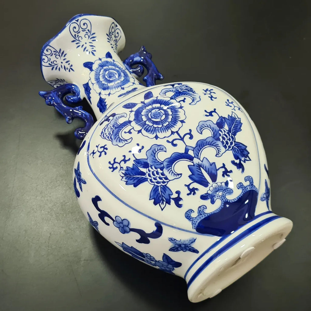 Vaso Azul E Branco Decorativo Com Alça 34x21x5cm Azul E Branco Florido