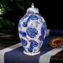 Vaso Decorativo de Porcelana Azul e Branco com Tampa 30x18 cm – Folhas