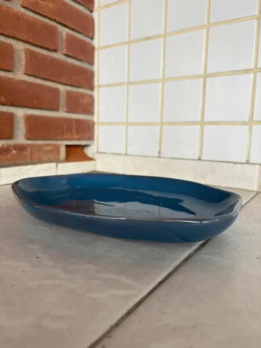 Bandeja Fruteira Centro de Mesa 44 cm em Cerâmica Luxo Azul
