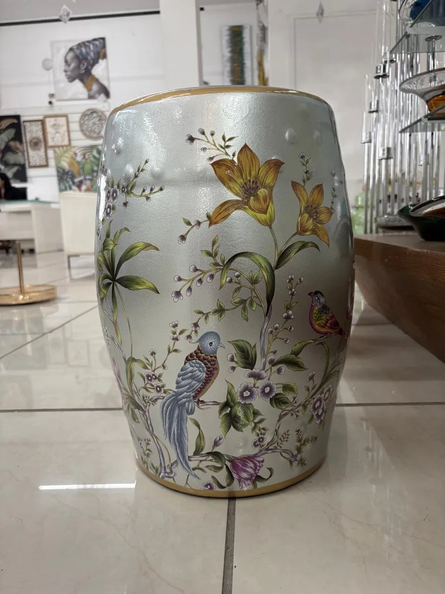 Seat Garden em Cerâmica Prata com Estampa de Pássaros – Banqueta Decorativa