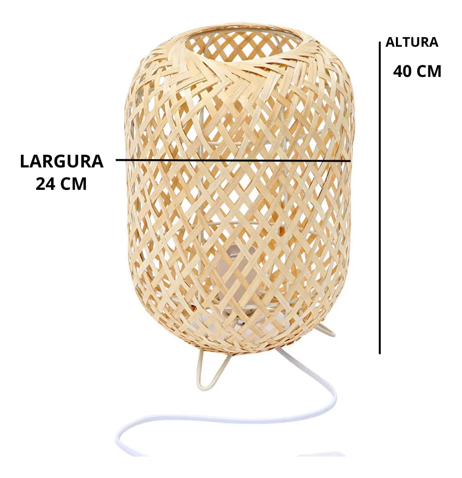 Abajur de Mesa Rattan Natural Luxo 40x24 cm – Estrutura em Metal
