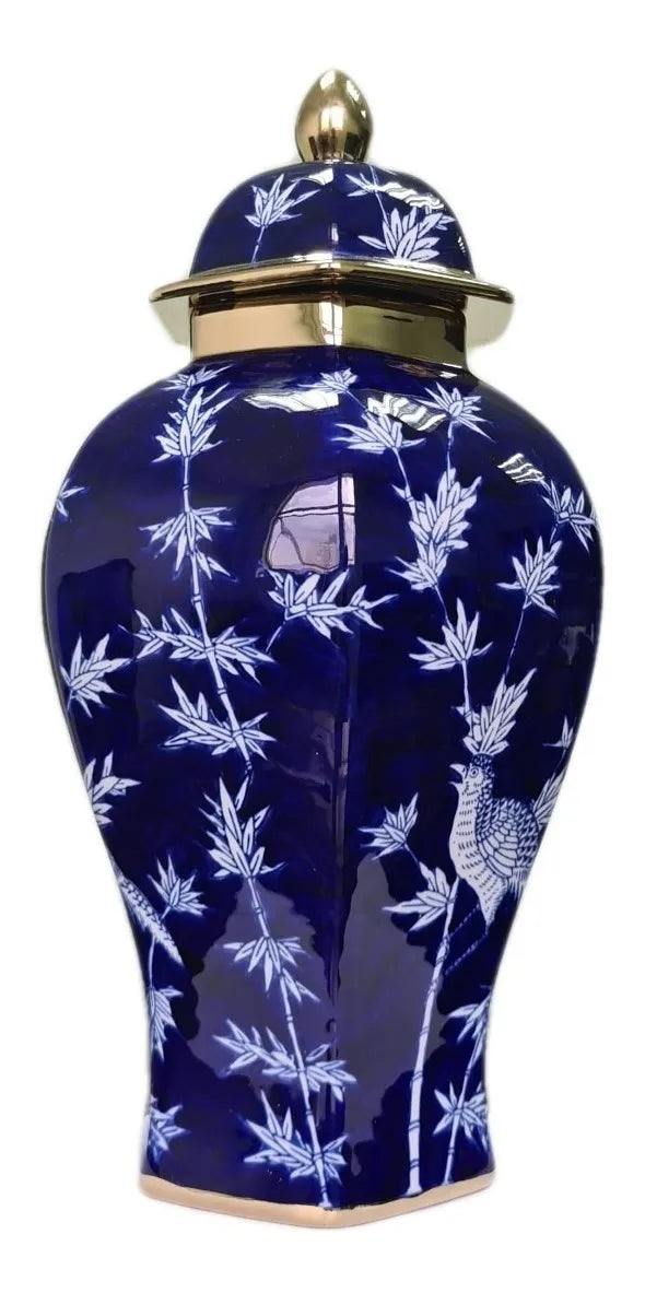 Vaso Decorativo de Porcelana Azul Marinho e Dourado com Tampa – 43x21