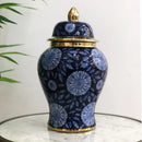 Vaso Decorativo Clássico de Porcelana Azul Marinho e Dourado com Tampa – 34x20 cm