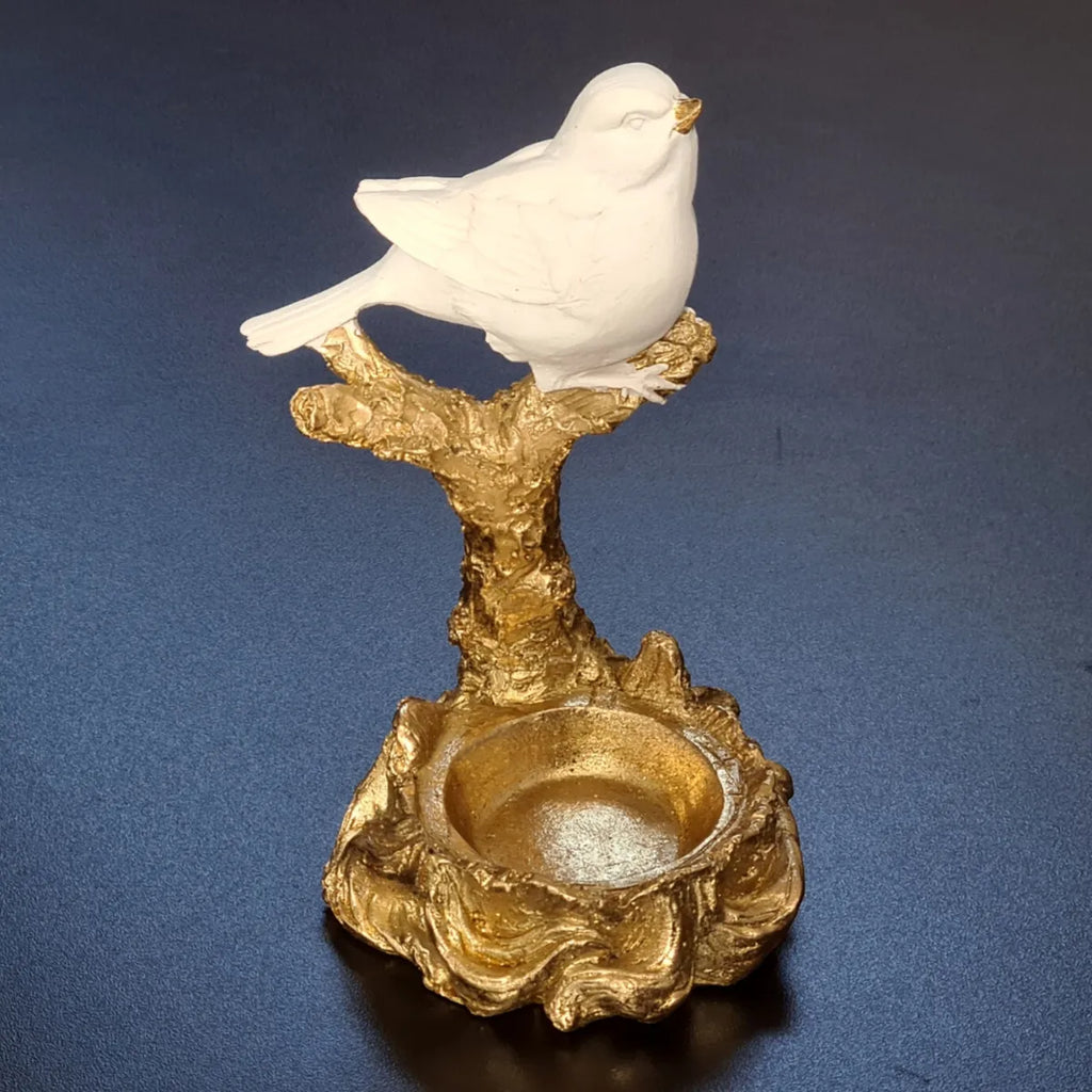Escultura Decorativa Pássaro em Poliresina com Castiçal Dourado 16x10 cm