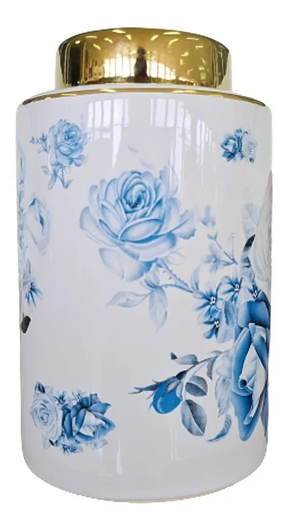 Vaso Decorativo Porcelana Azul e Branca Cilíndrico Floral 24x14,5