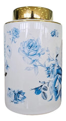 Vaso Decorativo Porcelana Azul e Branca Cilíndrico Floral 24x14,5