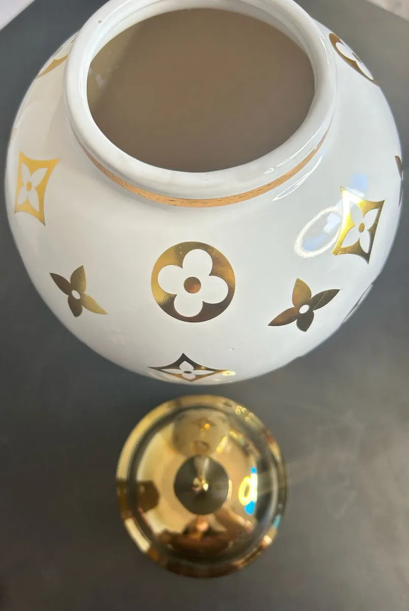 Vaso Decorativo Porcelana Branco Dourado 42x18 Luxo Branco E Dourado