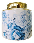 Vaso Decorativo Porcelana Azul e Branca Cilíndrico Floral 15x14,5