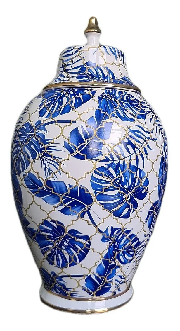 Vaso Decorativo de Porcelana Azul e Branco com Tampa 30x18 cm – Folhas
