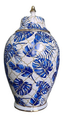 Vaso Decorativo de Porcelana Azul e Branco com Tampa 30x18 cm – Folhas