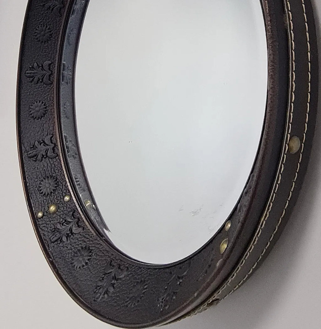 Espelho Decorativo Redondo Estilo Adnet com Alça em Couro Legítimo Preto – 57 cm