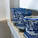 Kit Cachepot Floral Azul e Branco em Cerâmica – 3 Peças com Pires
