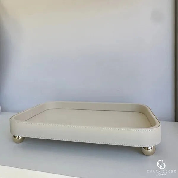 Kit 2 Bandejas Decorativas em Couro Sintético Creme Luxo Organizador Multiuso