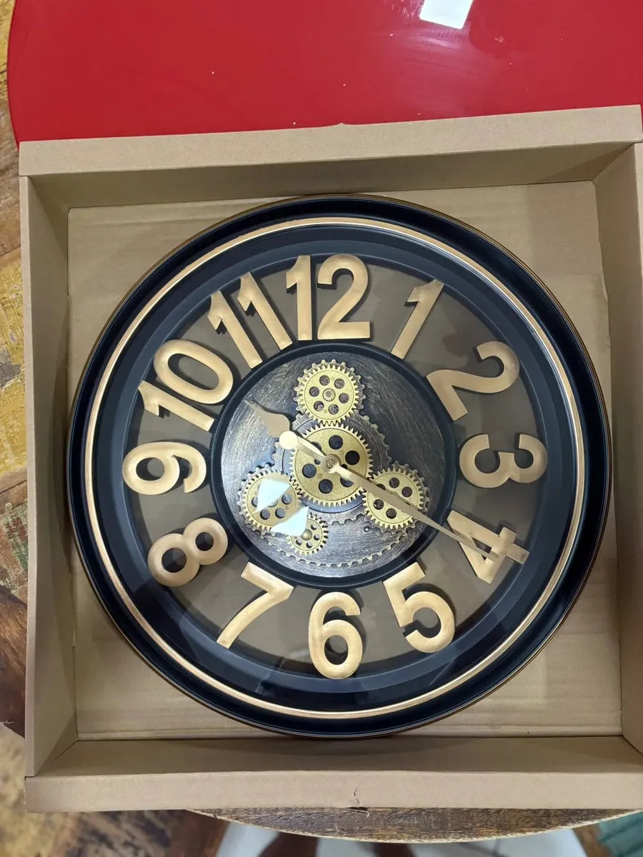 Relógio De Parede Moderno Engrenagens Dourado Metal 50x50
