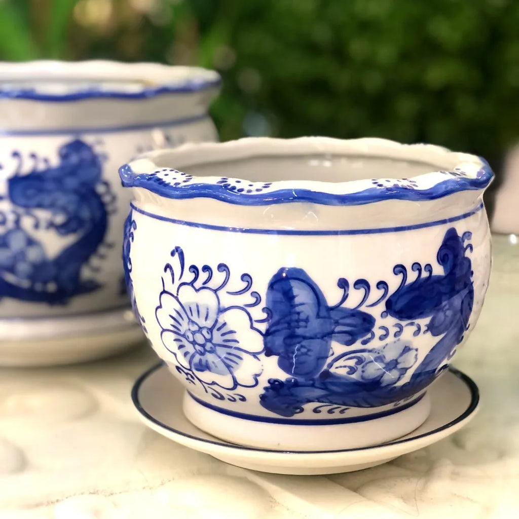 Jogo 3 Cachepot Cerâmica Vasos E Pires Azul E Branco