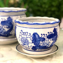 Jogo 3 Cachepot Cerâmica Vasos E Pires Azul E Branco