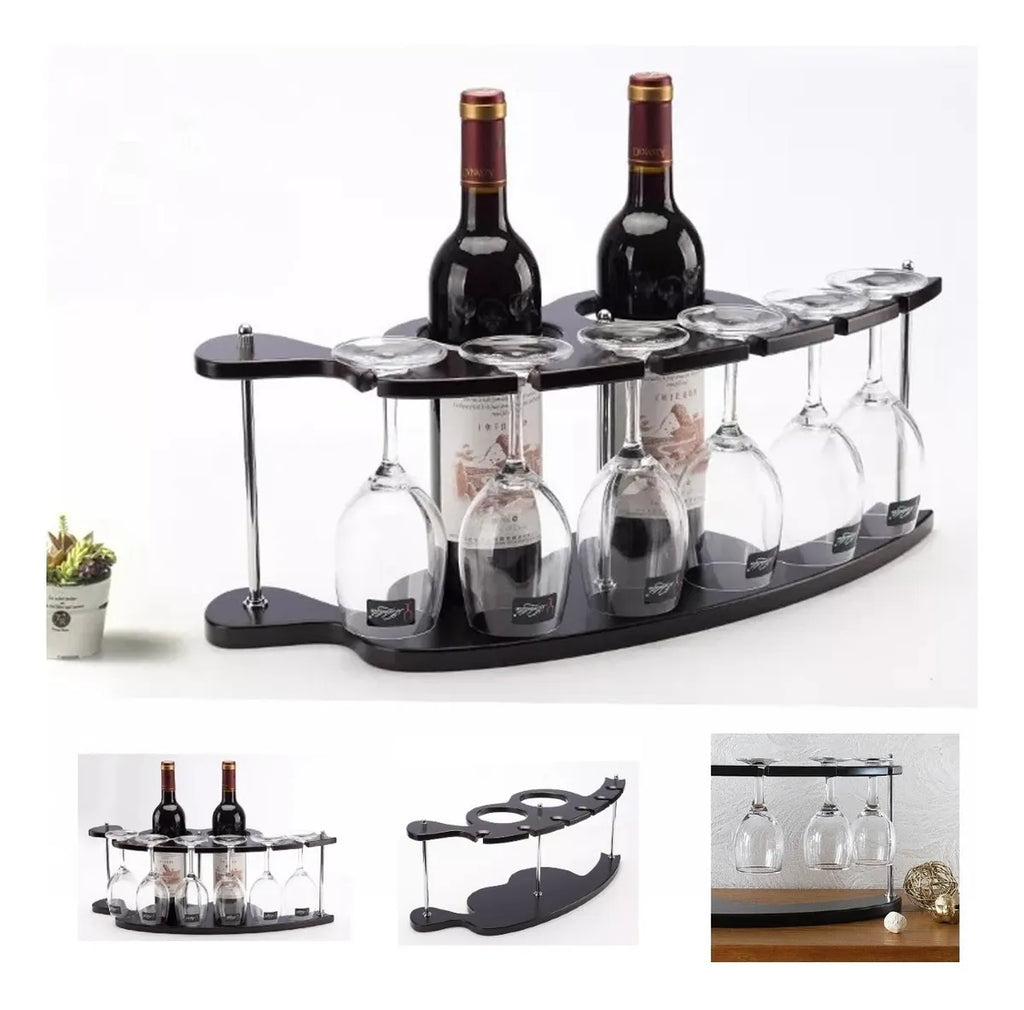 Adega de Vinho Rack em Madeira com Suporte para 2 Garrafas + 6 Taças | Home Bar Decorativo