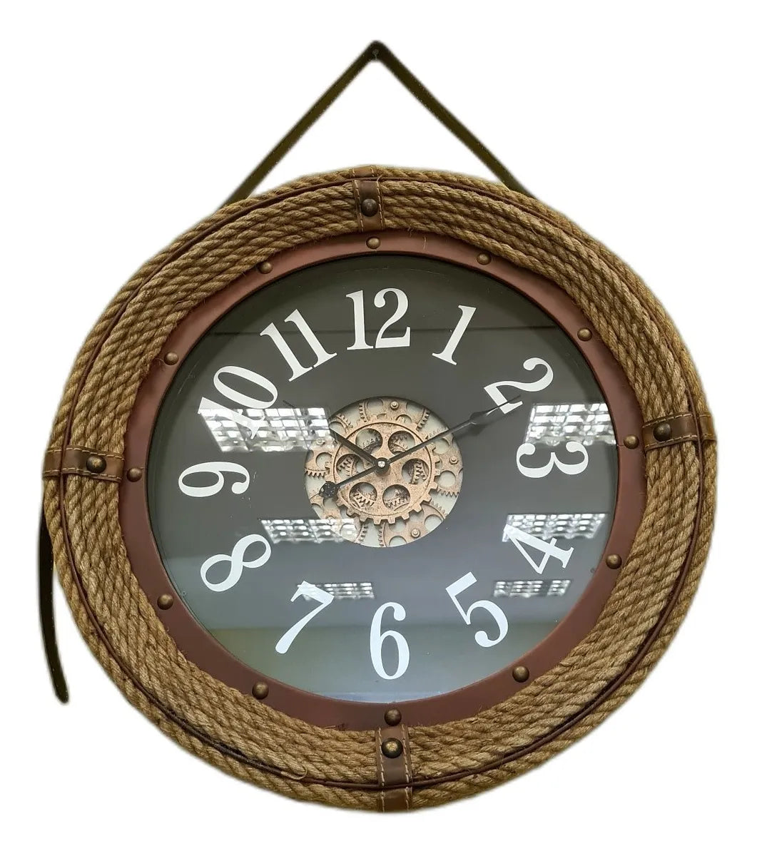 Relógio de Parede Vintage Premium com Alça em Couro 65cm – Metal Preto & Marrom Escuro